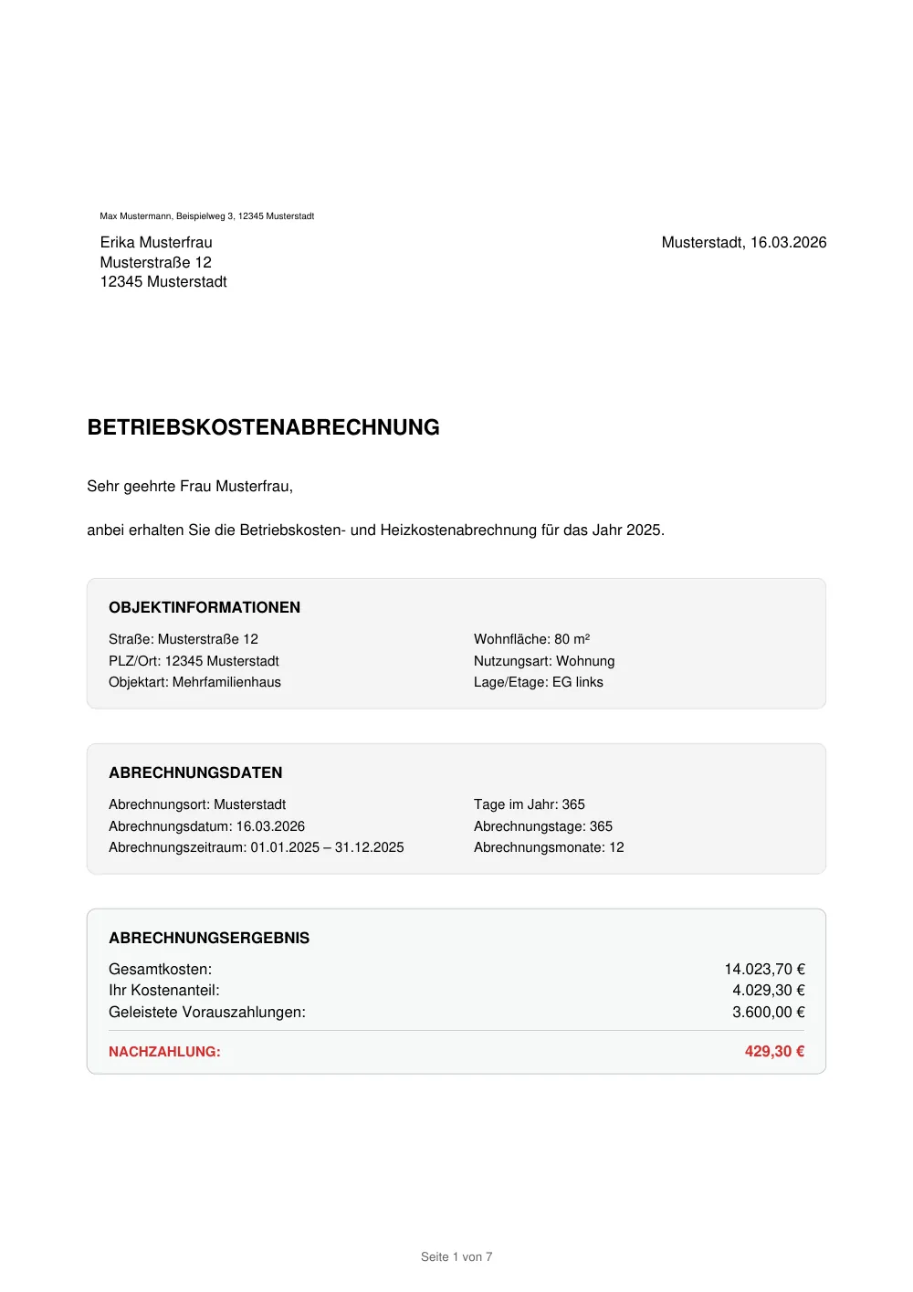 Seite 1 der Beispielabrechnung: Anschrift, Objektdaten und Abrechnungsergebnis mit Nachzahlung